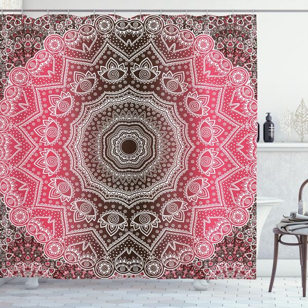 Abakuhaus Tenda Da Doccia Mandala, Stampa Retro BohéMien Ombre Essenza Primaria Del Cosmo Stile Medaglione, 175 X 180 Cm, Rosa E Marrone-image
