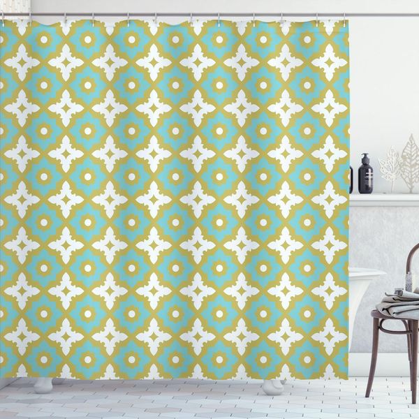Abakuhaus Tenda Da Doccia Con Motivi Floreali, Decorata Con Motivi Arabeschi In Stile Piastrelle Ceramiche Dai Toni Pastello, 175 X 200 Cm, Kaki Turchese-image