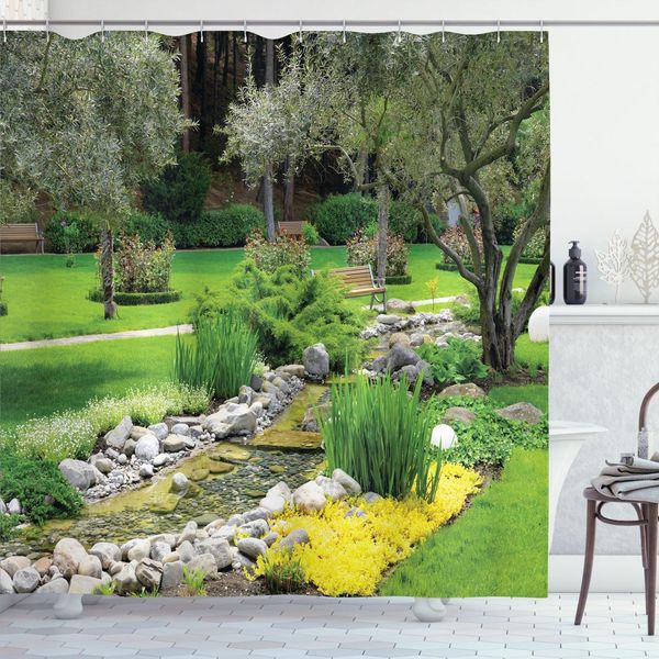 Abakuhaus Tenda Da Doccia Da Giardino, Stampa Rilassante In Stile Parco Giapponese Con Laghetto, Erba, Pietre E Alberi, 175 X 200 Cm, Verde-image
