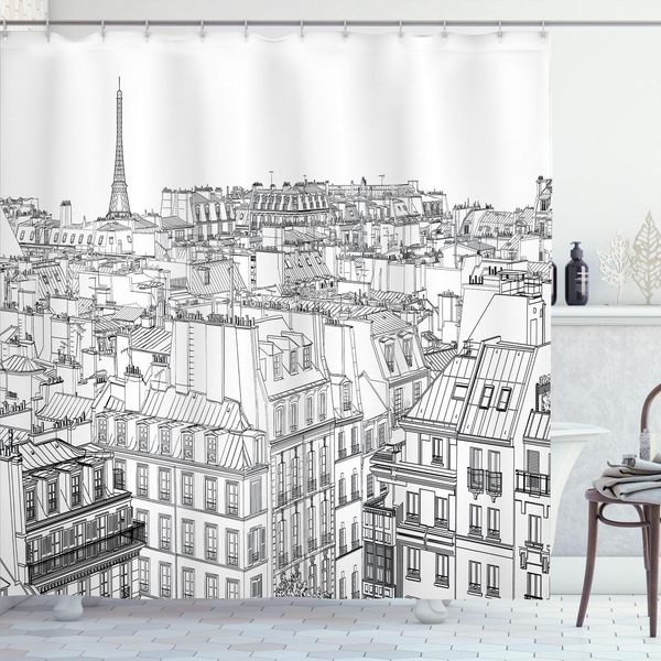 Abakuhaus Paris Tenda Da Doccia, Illustrazione Tematica Architettonica Con Tetti Di Parigi E Stampa Della Torre Eiffel, 175 X 240 Cm, Bianco E Nero-image