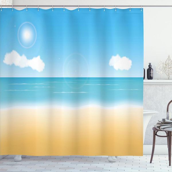 Abakuhaus Tenda Da Doccia Da Spiaggia, Vista Mare Con Cielo Soleggiato E Nuvole Rilassanti, Illustrazione Estiva, 175 X 240 Cm, Marrone Sabbia E Azzurro Cielo-image