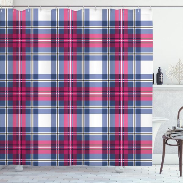 Abakuhaus Tenda Da Doccia Astratta, Motivo Plaid Con Effetti Scozzesi Vintage, Illustrazione Artistica, 175 X 180 Cm, Rosa Blu Scuro-image