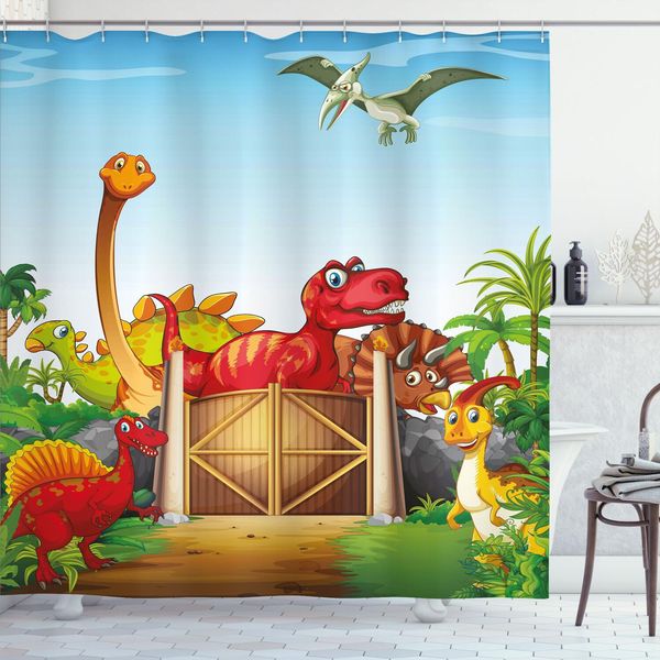Abakuhaus Tenda Da Doccia Dino, Simpatici Dinosauri In Stile Cartone Animato In Un'illustrazione Che Raffigura Un Parco Dei Dinosauri, Una Giungla, Alberi E Habitat Animali, 175 X 220 Cm, Multicolore-image