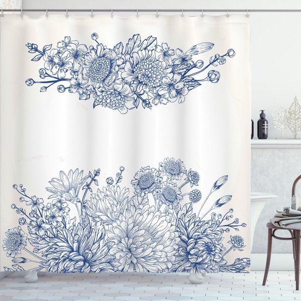 Abakuhaus Tenda Da Doccia Blu, Bouquet Floreale Artistico, Garofani, Camomilla, Tema Matrimonio, Anniversario, 175 X 180 Cm, Blu E Bianco-image