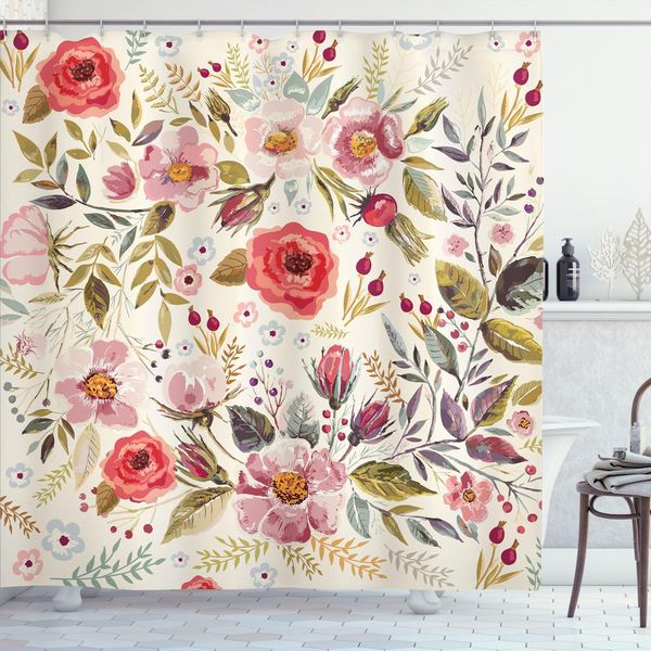 Abakuhaus Tenda Da Doccia Shabby Flora, Acquerello Astratto Primavera Papaveri Fiori Rose Boccioli Lascia Stampa Romantica, 175 X 240 Cm, Multicolore-image