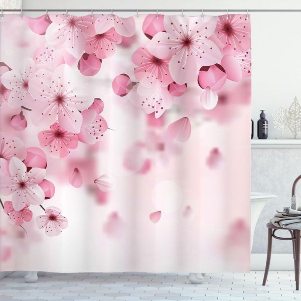Abakuhaus Tenda Da Doccia Con Fiori, Fiori Di Ciliegio Giapponesi Sakura, Illustrazione A Tema Naturale Primaverile Orientale, 175 X 240 Cm, Rosa Chiaro Baby Pink-image