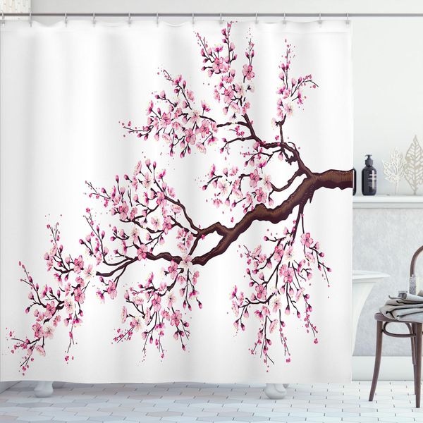 Abakuhaus Tenda Da Doccia Giapponese, Ramo Di Un Albero Di Sakura In Fiore, Tema Primaverile Con Fiori Di Ciliegio, Motivo Digitale, 175 X 220 Cm, Rosa Marrone Scuro-image