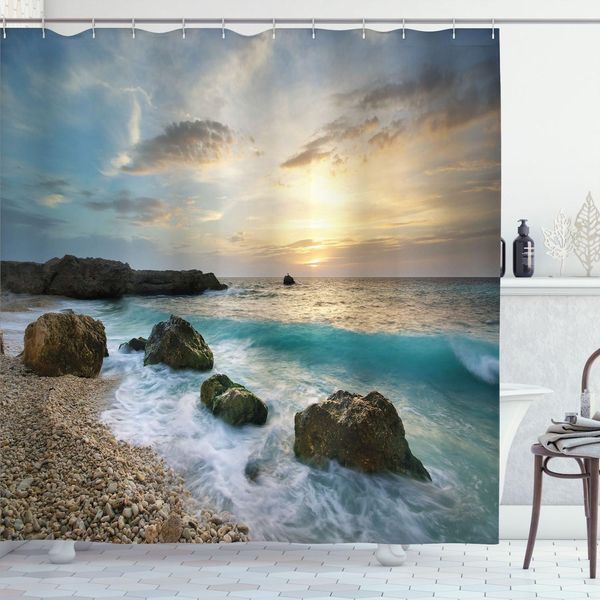 Abakuhaus Tenda Da Doccia Ocean, Composizione Naturale Con Vista Sul Mare, Cielo Nuvoloso, Onde Che Si Infrangono, Spiaggia Soleggiata, Foto, 175 X 180 Cm, Marrone, Blu, Giallo-image