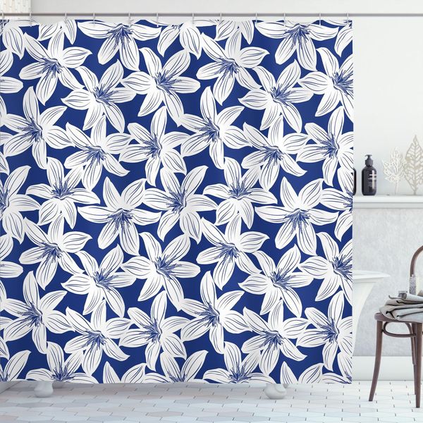 Abakuhaus Tenda Da Doccia Blu Navy, Ibisco Tropicale, Fiori Hawaiani, Motivo Esotico Ripetuto, 175 X 220 Cm, Bianco E Blu Scuro-image