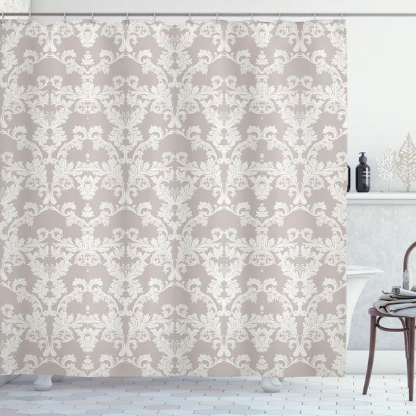 Abakuhaus Tenda Da Doccia Color Tortora, Motivo Floreale Classico Ripetuto, 175 X 180 Cm, Tortora E Bianco-image