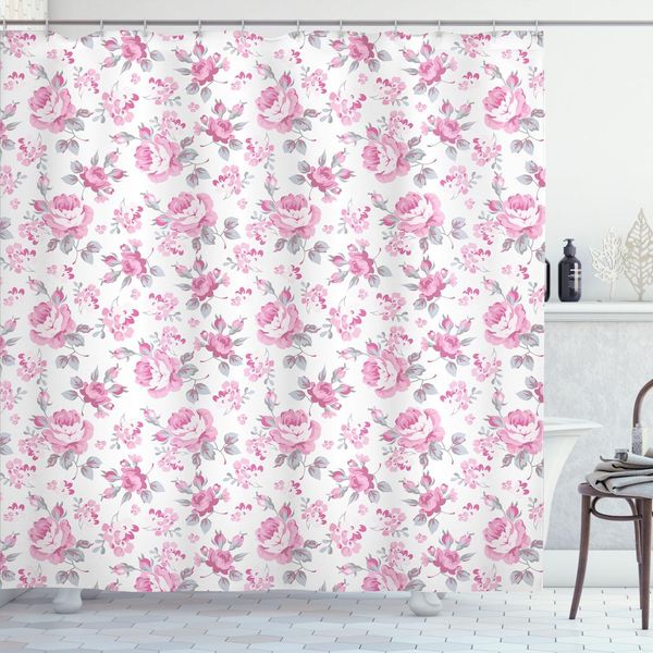 Abakuhaus Tenda Da Doccia Shabby Flora, Rose Rosa Con Foglie Grigie, Piante Da Giardino, Fiori Primaverili, 175 X 240 Cm, Rosa Pallido, Bianco, Grigio-image