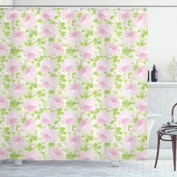Abakuhaus Tenda Da Doccia Shabby Flora, Classico Motivo Floreale Primaverile Dai Colori Pastello, 175 X 180 Cm, Rosa Chiaro E Verde Pallido-image