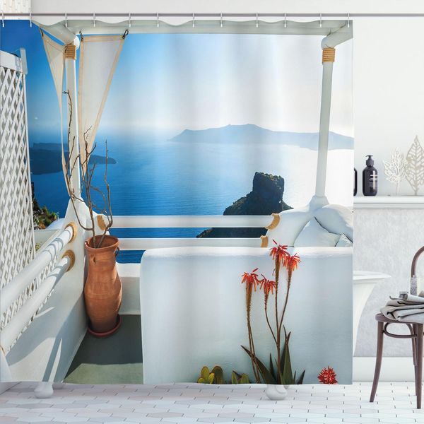Abakuhaus Tenda Da Doccia Europea, Terrazza Festiva Con Vista Sul Mare Al Tramonto Architettura Sull'isola Di Santorini, Grecia, 175 X 180 Cm, Turchese E Blu-image