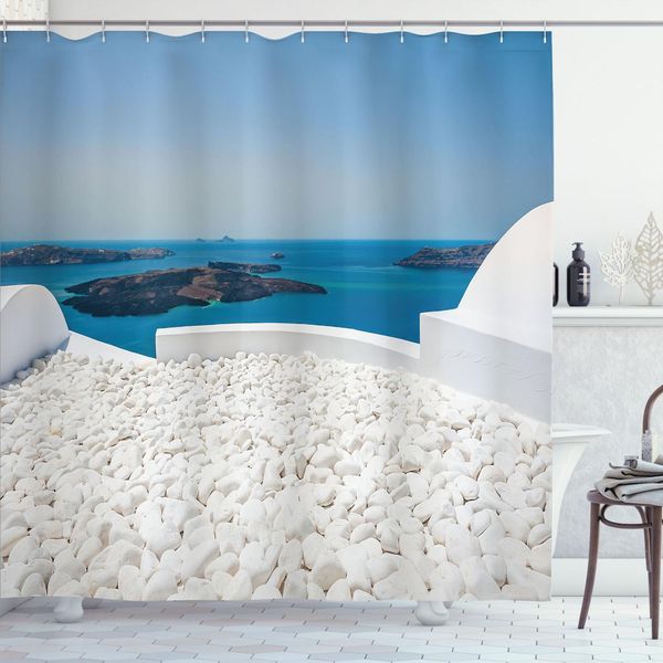 Abakuhaus Tenda Da Doccia Da Viaggio, Hotel Con Pietre Bianche, Isola Di Santorini, Grecia, Paesaggio Con Mare, 175 X 220 Cm, Turchese E Bianco-image