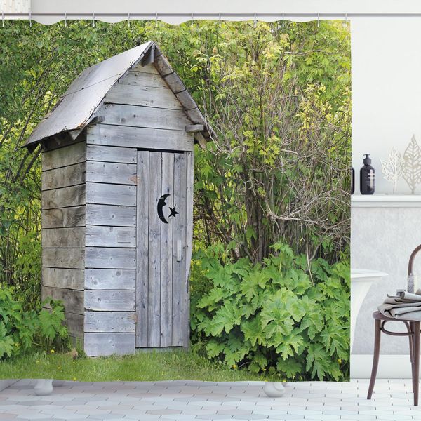 Abakuhaus Tenda Da Doccia Per Bagno Esterno, Vigna-Fattoria-Vita Di Campagna-Capanna-Fienile Immersa Nella Foresta-Foglie-Immagine, 175 X 240 Cm, Verde Felce Grigio Chiaro-image