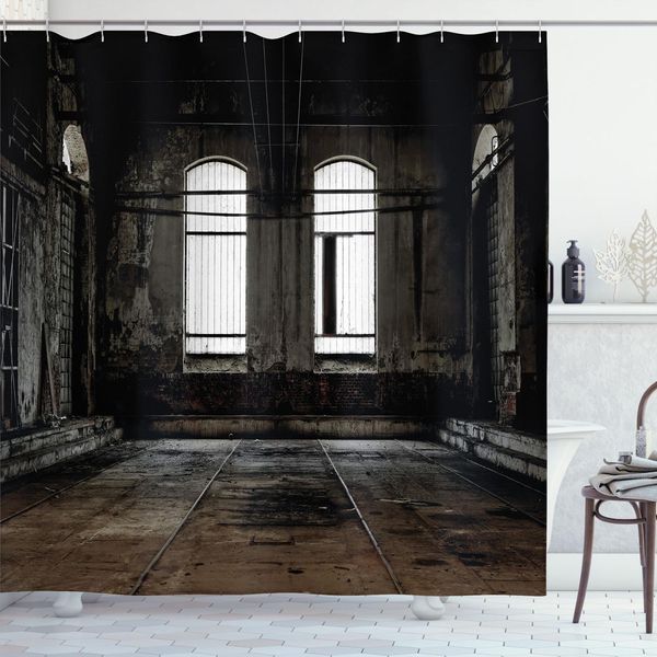 Abakuhaus Tenda Da Doccia Industriale, Stile Vintage Grunge Pareti E Finestre Caotiche Nell'età Di Un Laboratorio Distrutto, 175 X 180 Cm, Marrone Scuro Bianco-image