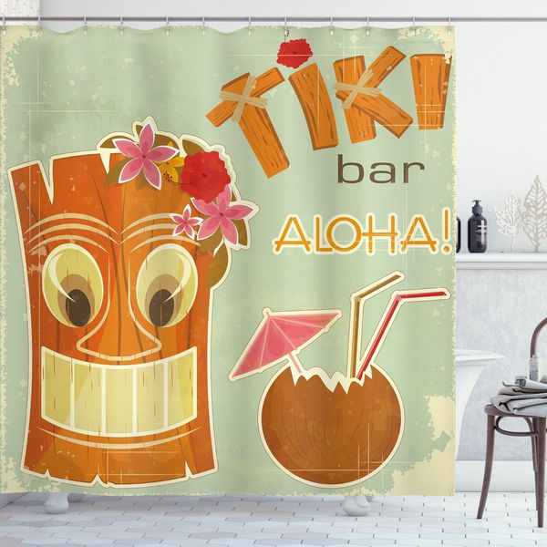Abakuhaus Tiki Bar Tenda Da Doccia, Invito Al Tiki Bar Old Fashion Display Maschera Con Stampa Cocco E Fiori, 175 X 200 Cm, Multicolore-image