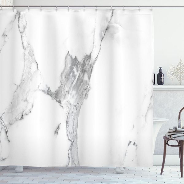 Tenda Da Doccia In Marmo Abakuhaus, Motivo Astratto Macchiato E Sfumato - Tema Architettonico Con Struttura Naturale, 175 X 200 Cm, Bianco Grigio Sabbia-image