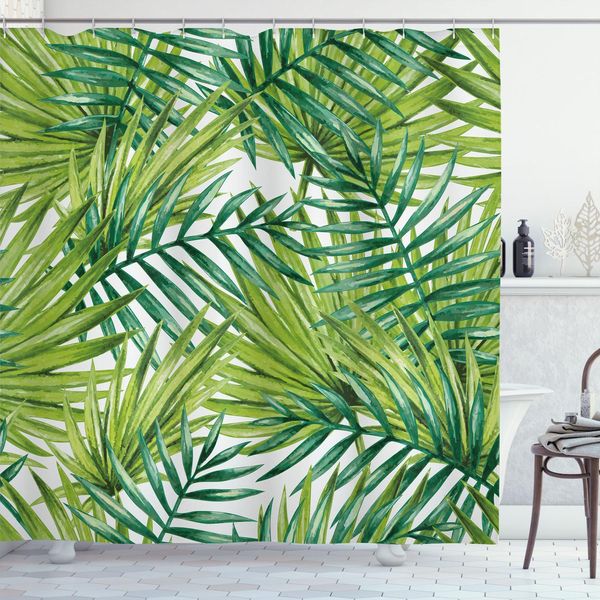Abakuhaus Tenda Da Doccia Con Motivi Vegetali, Acquerello - Foglie Di Palma Tropicali - Illustrazioni Colorate - Sensazioni Naturali, 175 X 240 Cm, Verde Lime Verde Felce-image
