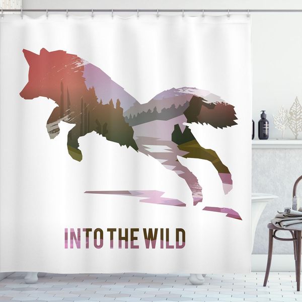 Abakuhaus Tenda Da Doccia Con Volpe, Silhouette Di Animali Che Saltano Con Motivo A Doppia Esposizione Della Foresta Selvaggia, 175 X 220 Cm, Lavanda Marrone Rosso Corallo-image