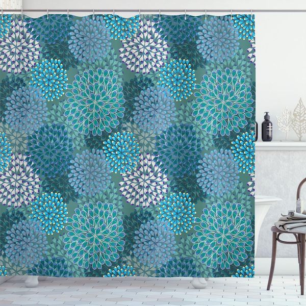 Abakuhaus Tenda Da Doccia Con Fiori, Petali Di Garofani Astratti, Disegno Digitale Con Bouquet Di Fiori Dai Colori Vivaci, 175 X 200 Cm, Blu Petrolio E Verde Acqua-image