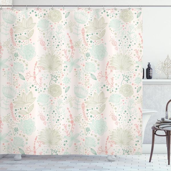 Abakuhaus Tenda Da Doccia Con Fiori, Fiori Delicati Con Sfondo Punteggiato, Immagine Ispirata Alla Natura, 175 X 200 Cm, Verde Menta Chiaro-image