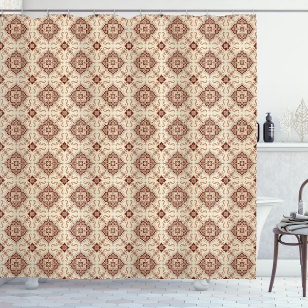 Abakuhaus Tenda Da Doccia Geometrica, Ispirazioni Orientali In Composizione Floreale Simmetrica Vendemmia, 175 X 200 Cm, Arancione Pallido Redwood-image
