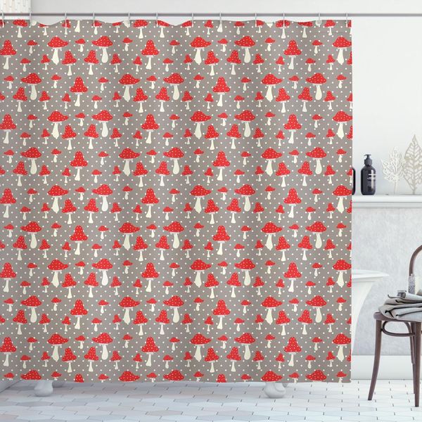 Abakuhaus Tenda Da Doccia Con Funghi, Grazioso Motivo Con Funghi E Sfondo A Pois - Fungo Velenoso Caricaturale, 175 X 220 Cm, Tortora Crema Rosso-image