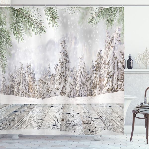 Abakuhaus Tenda Da Doccia Invernale, Tema Natalizio Astratto Con Bosco Innevato E Superficie In Legno, 175 X 180 Cm, Beige Verde Bianco-image