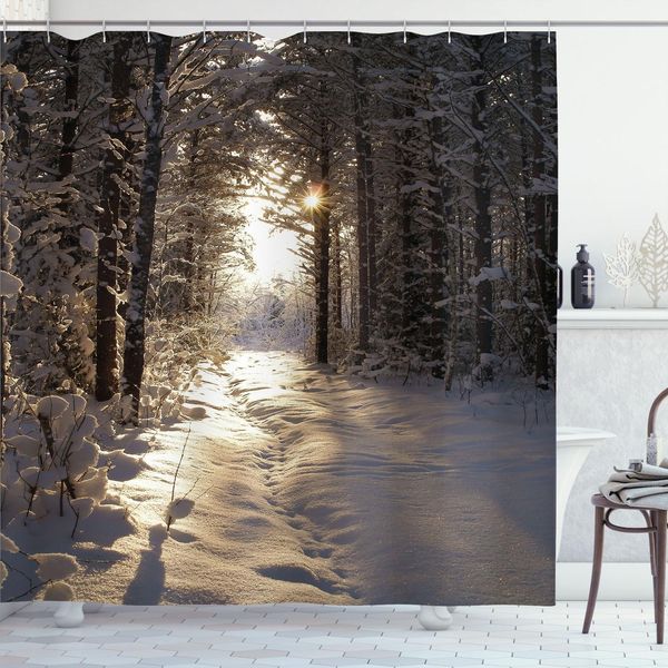 Abakuhaus Tenda Da Doccia Invernale, Stagione Natalizia Con Neve E Bosco Ghiacciato Raggi Di Sole Paesaggio Boschivo Molto Freddo, 175 X 240 Cm, Giallo Chiaro Marrone-image