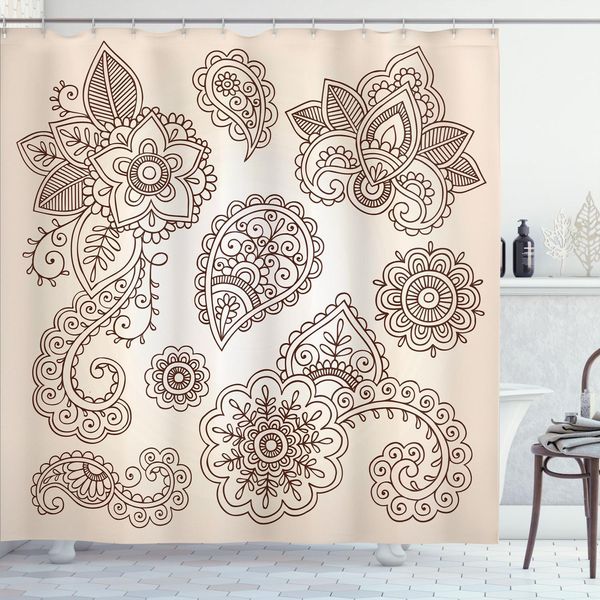 Abakuhaus Tenda Da Doccia Con Motivi Floreali, Fiori E Motivi Paisley In Diverse Forme E Disegni Immagine Monocromatica, 175 X 180 Cm, Beige Marrone-image