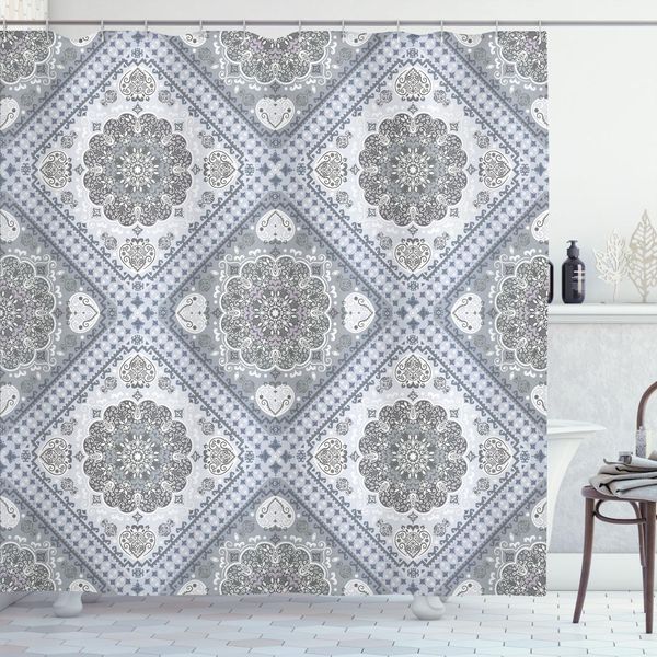 Abakuhaus Tenda Da Doccia Con Motivo Turco, Motivi Complessi A Spirale Di Origine Persiana In Colori Tenui, 175 X 180 Cm, Viola Chiaro Bianco Grigio-image