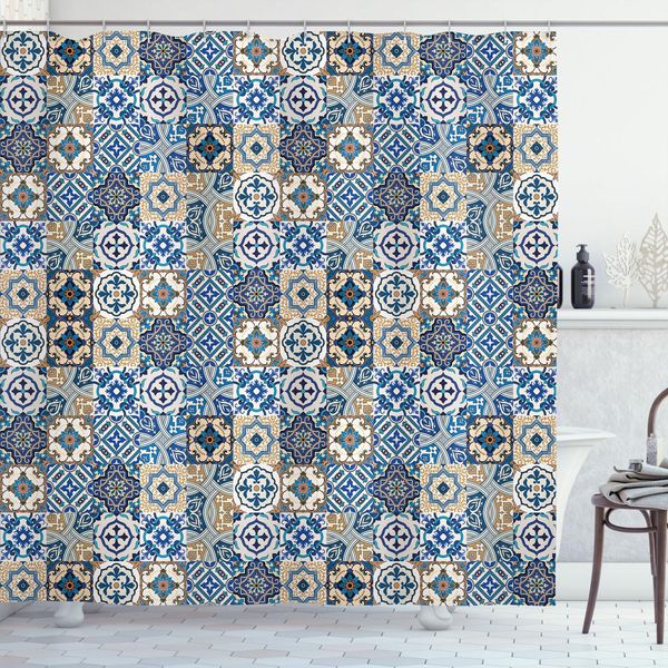 Abakuhaus Tenda Da Doccia Marocchina, Grande Motivo Tradizionale Portoghese Azulejo, Stile Orientale, 175 X 220 Cm, Marrone Chiaro, Bianco E Blu-image