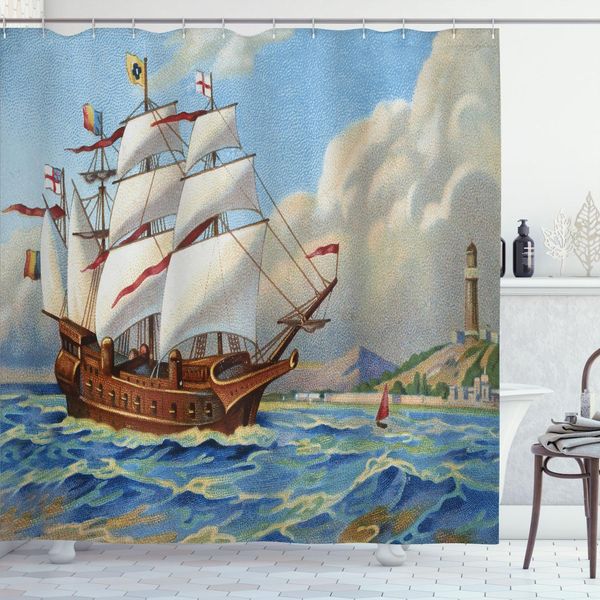 Abakuhaus Tenda Da Doccia Vintage Boat, Vecchia Nave A Vela Tema Storico Onde Mare Dipinto Costiero Stampa Vintage, 175 X 220 Cm, Multicolore-image