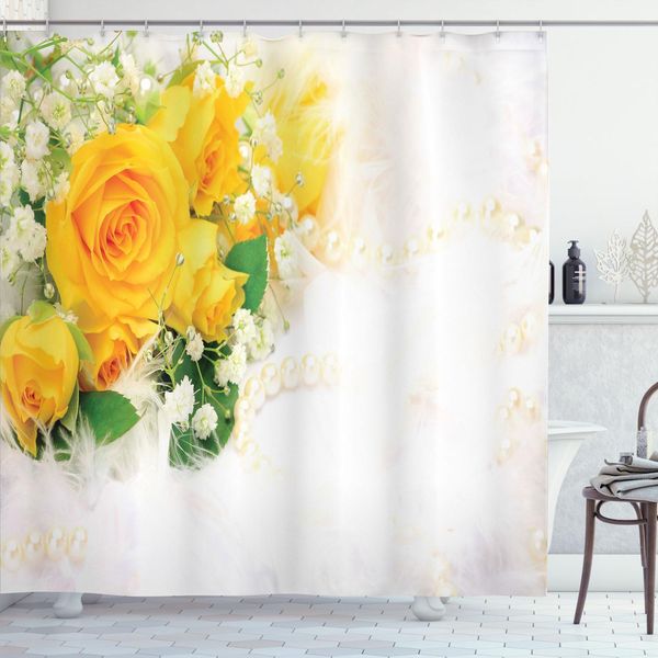Abakuhaus Tenda Da Doccia Gialla, Bouquet Di Rose Romantiche E Colorate Su Sfondo Bianco, 175 X 220 Cm, Verde Felce Giallo Perla-image