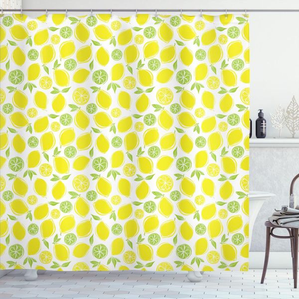 Abakuhaus Tenda Da Doccia Al Limone, Disegno Simplistic Hubbly Con Agrumi Nei Colori Verde E Giallo, 175 X 180 Cm, Verde Bianco Giallo-image