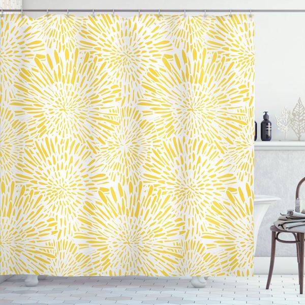 Abakuhaus Tenda Da Doccia Gialla, Motivo Floreale Vintage Disegnato A Mano Con Denti Di Leone E Astri In Fiore, 175 X 180 Cm, Giallo E Bianco-image