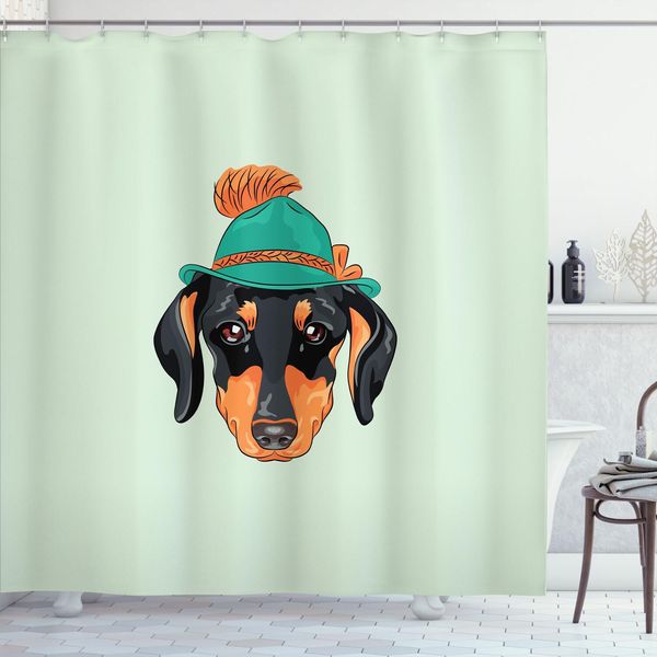 Abakuhaus Tenda Da Doccia Con Bassotto, Silhouette Di Cane Di Razza Hipster Con Cappello Tirolese Verde E Simpatico Cucciolo Di Bassotto, 175 X 200 Cm, Multicolore-image