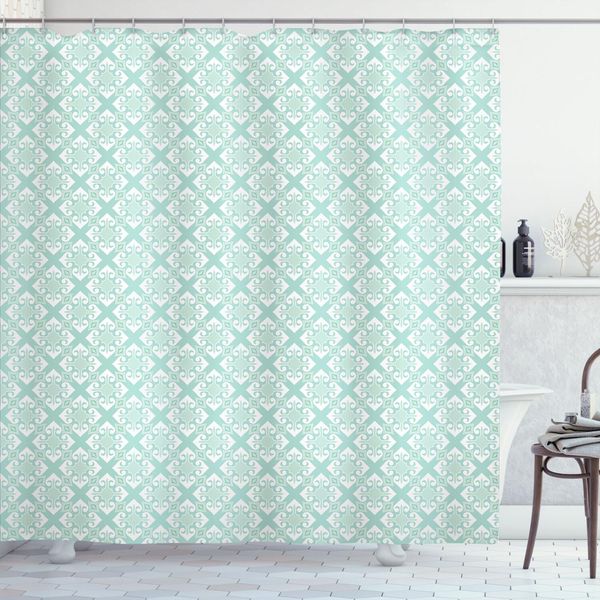 Abakuhaus Tenda Da Doccia Verde Acqua E Bianca, Elementi Decorativi Astratti In Stile Antico Con Dettagli Floreali, 175 X 240 Cm, Verde Menta E Bianco-image