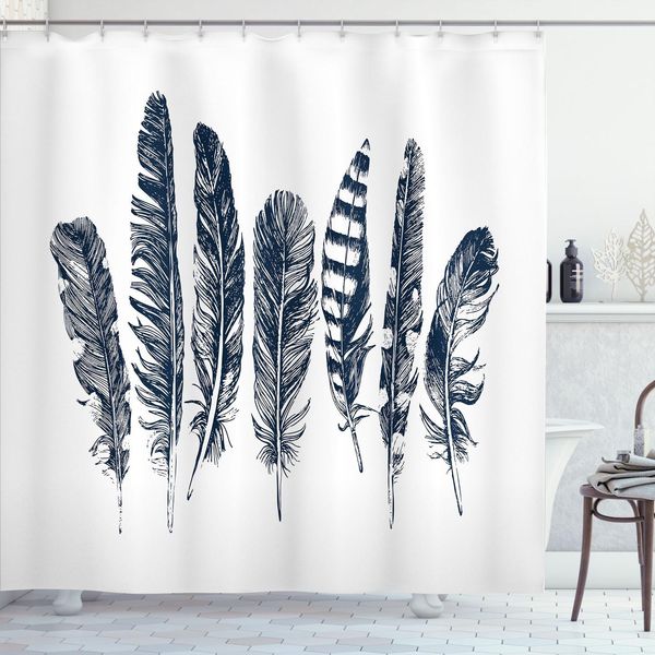 Abakuhaus Tenda Da Doccia Con Piume, Disegno Stilizzato Con Disposizione Delle Piume, Motivo Monocromatico Con Piume Di Uccelli Selvatici, 175 X 200 Cm, Blu Scuro E Bianco-image