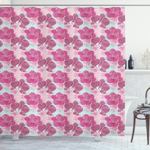 Abakuhaus Tenda Da Doccia Con Motivi Floreali, Fiori Di Orchidea Artistici Nei Toni Del Rosa E Del Menta Ed Effetto Grunge Tropical Plant, 175 X 200 Cm, Multicolore-image