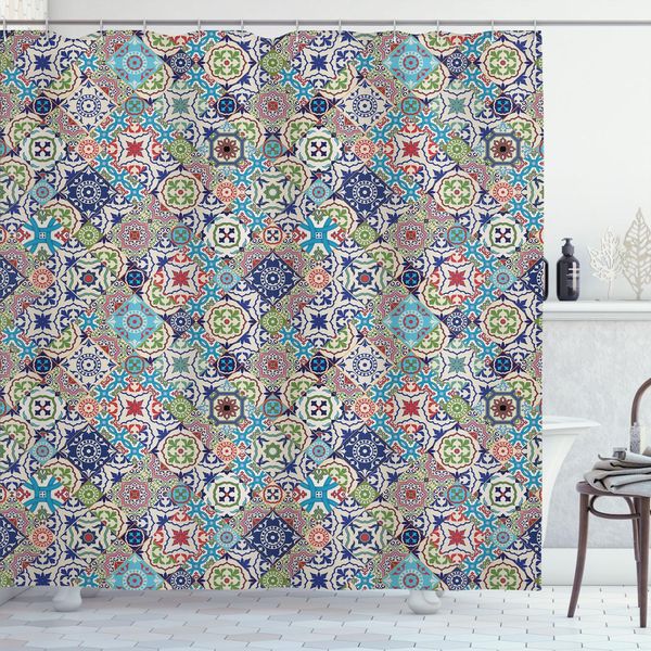Abakuhaus Tenda Da Doccia Marocchina, Motivo Complesso Multicolore Con Piastrelle Marocchine, Decorazione Floreale Antica, Disegno Arabesco, 175 X 200 Cm, Multicolore-image