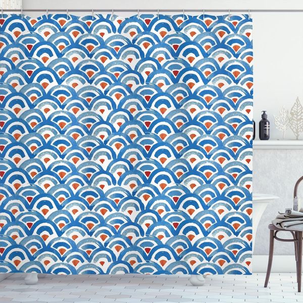 Abakuhaus Tenda Da Doccia Giapponese, Motivo A Pelle Di Pesce In Stile Acquerello Con Pennellate Artistiche, 175 X 200 Cm, Blu-Grigio Rubino Ruggine-image