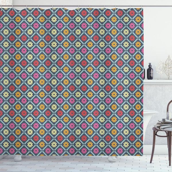 Abakuhaus Tenda Da Doccia Colorata, Motivo A Quadri Diagonali Con Margherite All'interno Di Piastrelle Semplici Effetto Retrò, 175 X 180 Cm, Multicolore-image