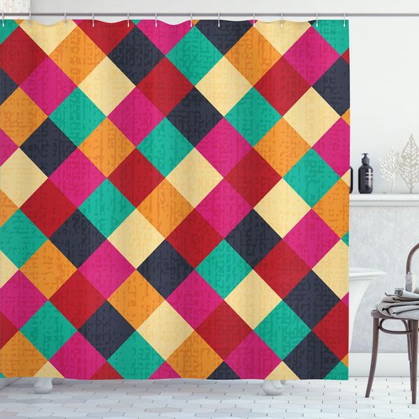 Abakuhaus Tenda Da Doccia Colorata, Motivo Geometrico A Rombi Con Quadrati Semplici E Inquietanti, 175 X 240 Cm, Multicolore-image