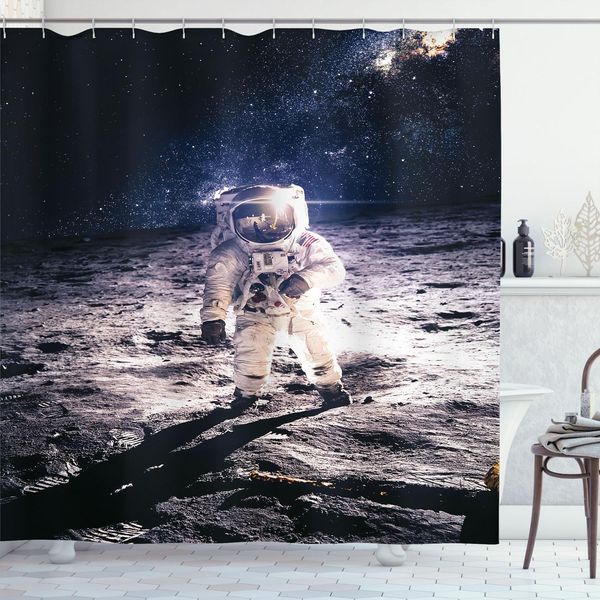 Abakuhaus Tenda Da Doccia Quadrata, Spaceman Sulla Superficie Lunare Orbit Science Exploring Expanding Horizons Immagine, 175 X 180 Cm, Blu Scuro E Bianco-image