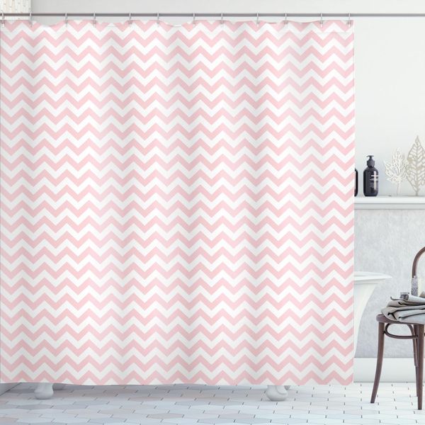 Abakuhaus Tenda Da Doccia Rosa, Monocromatica Astratta Orizzontale A Zig Zag Strisce Geometriche Motivo Ripetuto, 175 X 180 Cm, Rosa E Bianco-image