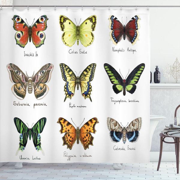 Abakuhaus Tenda Da Doccia Con Farfalle, Acquerello Artistico Insetti Primaverili Urania Helius Saturnia Pavonia Animal Design, 175 X 180 Cm, Multicolore-image