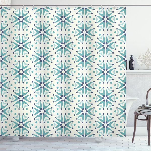 Abakuhaus Tenda Da Doccia Flora, Illustrazione Artistica Con Motivi Floreali Su Sfondo Punteggiato, 175 X 240 Cm, Crema, Blu Scuro E Verde Acqua-image