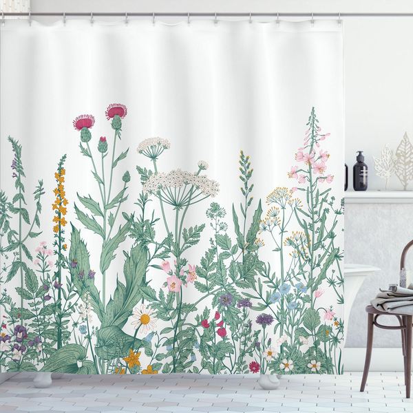Abakuhaus Tenda Da Doccia Con Motivi Floreali, Vanished Colorato Medley Di Erbe Selvatiche Di Cerfoglio, Malva Muschiata E Orchidea Viola, 175 X 200 Cm, Multicolore-image
